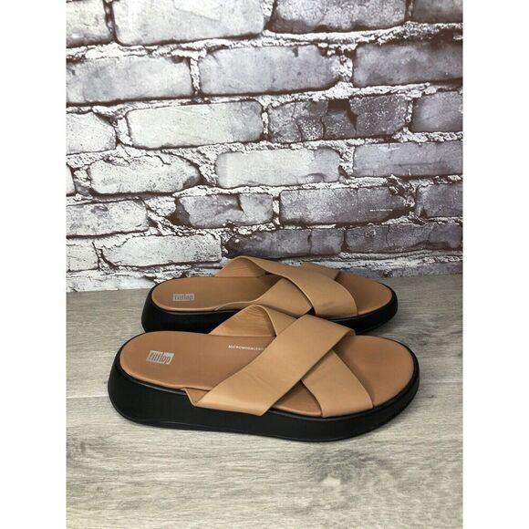Fitflop F-Mode Brown Leather Flatform Cross Strap Slides Women’s Sz 10M US/42EU - Picture 10 of 16